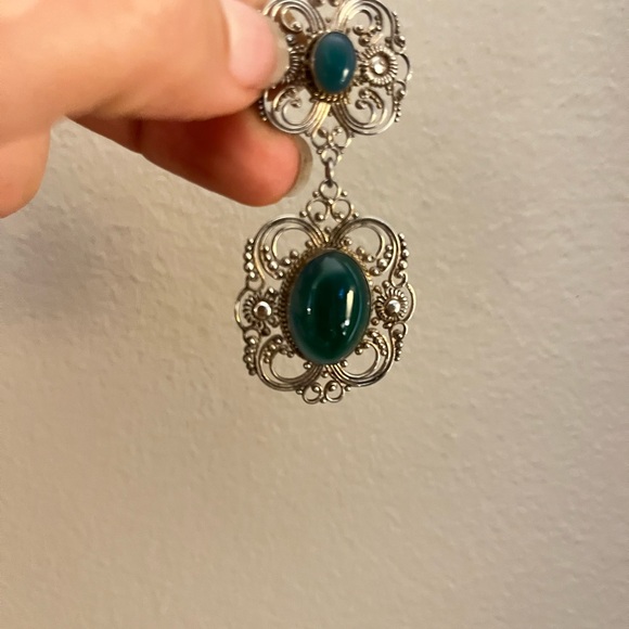 Elegant Sterling Silver filigree and green stones Dangle Earrings